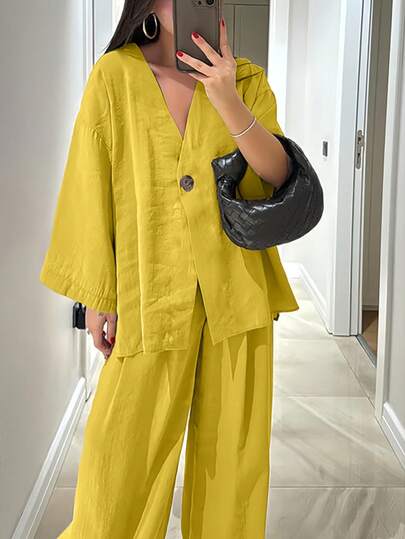 2 piezas Camisa de mujer de Navidad con cuello en V profundo, manga larga y bolsillos, pantalones de cintura elástica, dobladillo corto por delante y largo por detrás, cómodo para ir al trabajo, estilo casual francés, adecuado para todas las estaciones