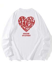 女士休闲棉质宽松字母和心形印花圆领长袖 T 恤，时尚百搭，春秋季