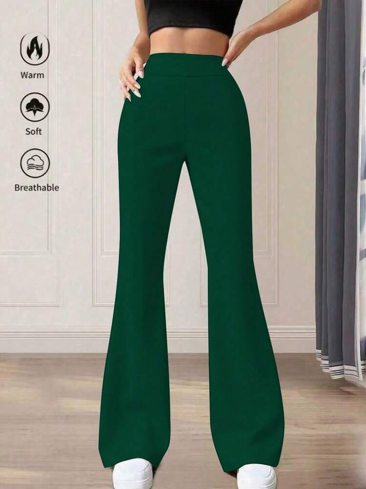 Pantalon évasé  taille haute de couleur unie pour petites femmes, printemps - Vert - Voir 2
