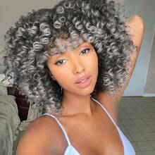 Tóc giả ngắn xoăn bằng sợi tổng hợp có mái, tóc giả xoăn xù kiểu Afro màu xám ombre, tóc giả dài ngang vai không cần keo dán dành cho người Mỹ gốc Phi. - Màu xám ombre - Xem 11