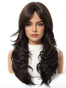 20 Inch Natural Curly Brown Wig, Medium Length Synthetic Heat-Resistant Wig, Inward Curl Design, Suitable For Women's Daily, Party, Work And Other Occasions - 黑棕色 - 查看 3