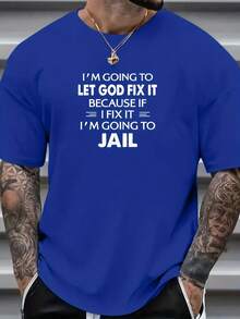 200g 100% Algodón Puro Camiseta de Estilo Urbano para Hombre con Estampado de Patrón - Diseño "Deja que Dios lo arregle", Negra con texto blanco, Casual y Holgada, Fibra de Poliéster, Lavable a Máquina, Cuello Redondo, Adecuada para Todas las Estaciones - Negro - Ver 3