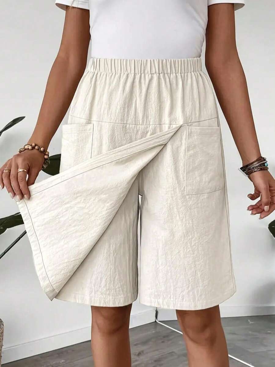 Saia Elástica Bege com Bolsos, Design Versátil 2 em 1, Confortável e Prática, Adequada para Férias e Lazer - Damasco - Visão 1