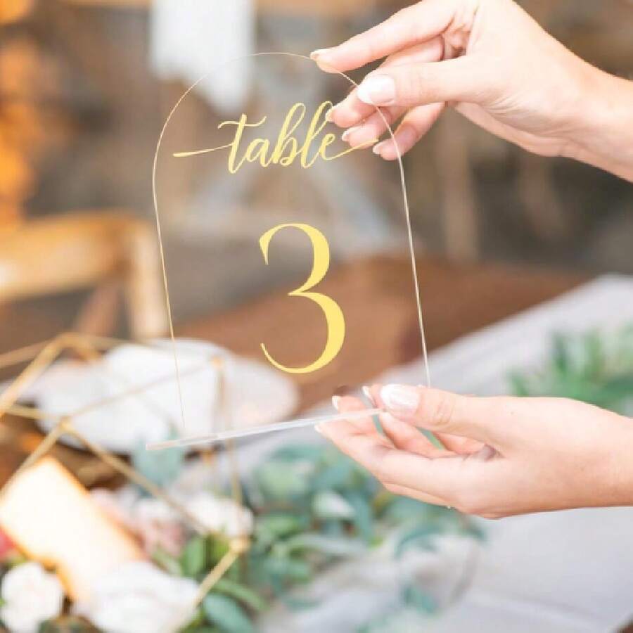 Clear Arch Acrylic Table Numbers For Wedding Reception - 5" X 7" Gold Font Centerpiece Set With Holder Stands & Head Table Sign - Anniversary, Event, Party, Wedding Set 1-10,22440551 - Vàng - Xem 1