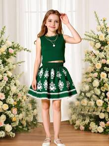 Conjunto de 2 peças de roupa casual para meninas adolescentes: regata sem mangas de malha canelada verde-menta com recortes + shorts largos com estampa floral de damasco verde-menta, adequado para uso casual diário de meninas, primavera/verão - Verde escuro - Ver 3