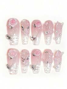 ! !Random Style. 10Pcs/Set Delicate 3D Floral & Butterfly Handmade Nail Art, Valentine'S Day Nails, Long Coffin-Shaped Faux Pearl Wavy French Fake Nails For Women Diy Spring/Summer Nail Art, Suitable For New Year Nails, Wedding Bride Nails Press On Nails Nail Supplies Nails