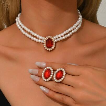 1 Set European Style Double Layer Faux Pearl Earrings & Necklace Set, Emerald Stud Earrings, Choker Necklace, Elegant Vintage Bridal Jewelry Valentine's Day Accessories