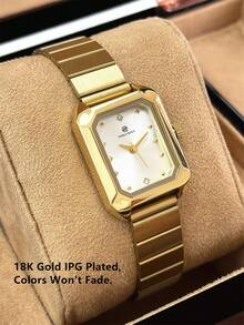 Pablo Raez 1pc Vintage Lady Watch 18K Gold Jewelry Non Tarnish Women Dress Watch Stainless Steel IPG Rectangle Case Elegant Square Brand New Design Quartz Retro Watch For Lady Fahion White High Quality Star Diamond Scales Woman Popular Wristwatch - 均碼 - 查看 5
