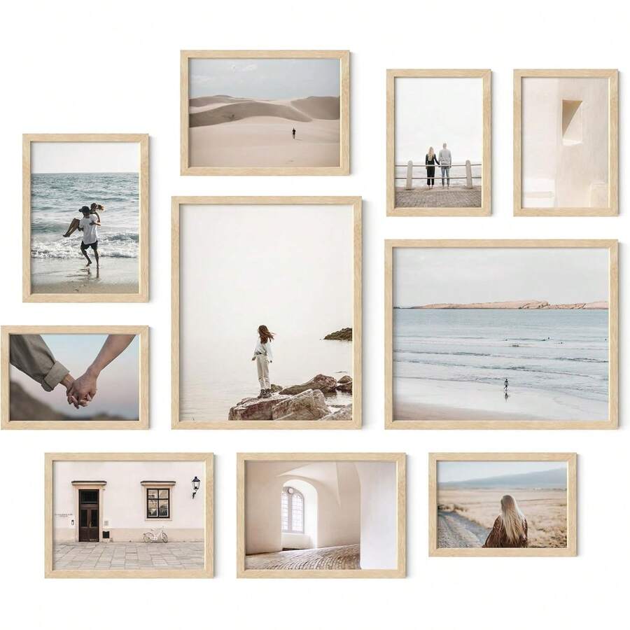 HAUS AND HUES Beige Oak Gallery Wall Frames 10 Pack - Tabletop Picture & Photo Frames Set With Two 8x10, Four 5x7, Four 4x6 - Includes American Oak, Shatterproof Plexi - Ideal For Home Or Office