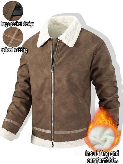 Men's Jacket, Spring/Autumn Turndown Collar Solid Color Fleece PU Leather Coat, Fashionable & Comfortable Casual Outerwear