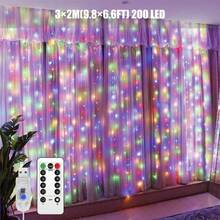 1pc 100/200/300 LED Curtain Lights, USB Hanging Fairy Lights String, Remote Control, 8 Lighting Modes, With Hooks, Suitable For Wedding, Kids Birthday, Christmas, Party, Bedroom Backdrop, Nursery, Indoor Home And Holiday Decor, Available In White, Warm White And Multi-Color - 彩色 - 查看 14