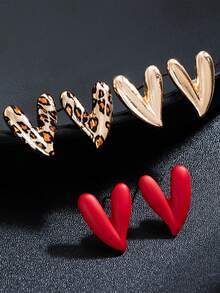 3 Pairs Fashion Personalized Metal Enamel Leopard Print & Heart Shaped Earrings Set, Suitable For Women's Parties And Various Occasions - Multicolor - View 4