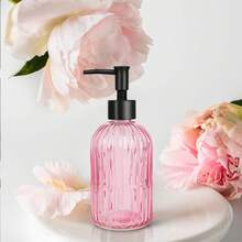 Stripe Glass Soap Dispenser With Black Plastic Pump, 400ml Liquid Hand Soap Dispenser, Rustproof Pump For Kitchen & Bathroom, Great For Lotions, Essential Oil, Liquid Soaps-Pink - Pink - View 2