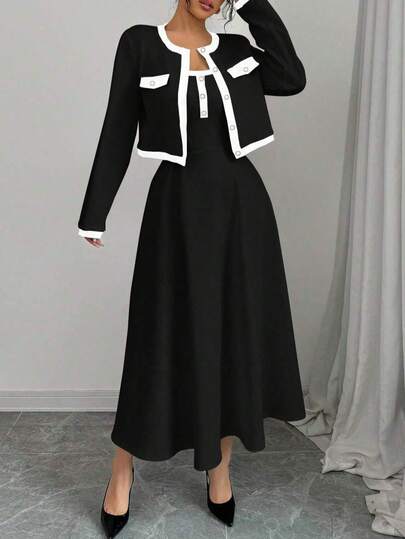 女士加大码优雅拼色夹克和连衣裙两件套，适合办公室和外出，秋冬季