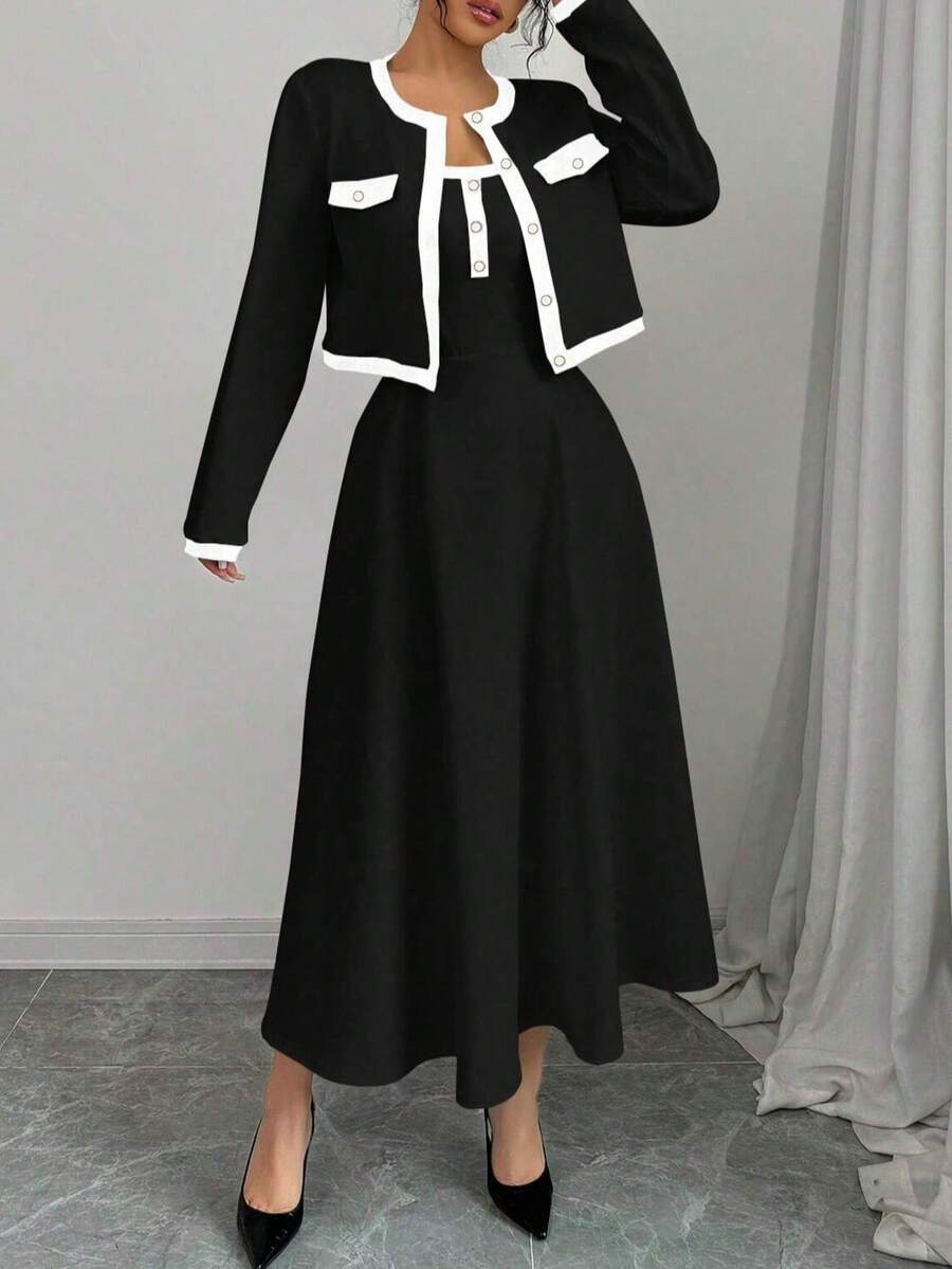 女士加大码优雅拼色夹克和连衣裙两件套,适合办公室和外出,秋冬季 - 黑色 - 查看 1