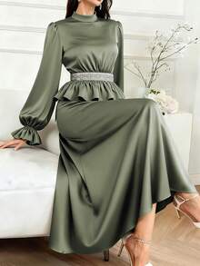 Women's Elegant Beaded Waist Patchwork Ruffle Lantern Sleeve A-Line Long Party Dress, Suitable For Christmas And New Year