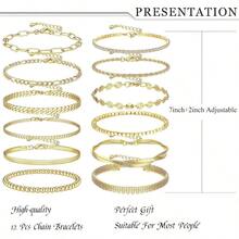 12Pcs Gold Chain Bracelet Jewelrys Set For Women Men Link Curb Cuban 14K Gold Plated Beaded Boho Stackable Adjustable Bracelet Jewelrys Paperclip Cuff Bangle Layered Jewellery Set