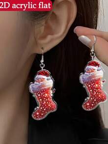 925 Silver 2D Tablet, 1 Pair Of Cartoon Santa Claus And Stocking Pendant Earrings - Red And White Earrings, Suitable For Women's Christmas Clothing, Christmas Gifts, Women's Autumn And Winter Jewelry, Fashionable Pendant Earrings - Autumn Design, Stainless Steel Hooks, Perfect For Thanksgiving, Holiday Shoppers, Daily Wear, Music Festivals
