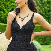 Cristal Austriaco Bola de Boda Flor Hoja Collar Pendientes Conjunto Iridiscente - Negro Plateado - Ver 5