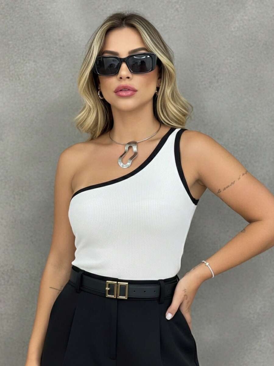 Women's Off Shoulder Blouse With Ribbed Sleeves Premium Basic Elegant Casual Fashion Tank Top - White Bicolor - View 1