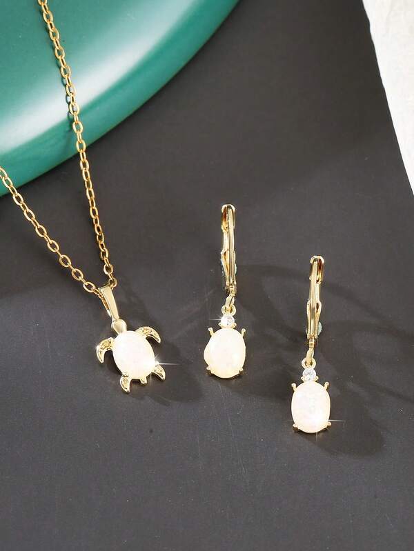 3pcs Luxury Copper Inlaid Opal Turtle Pendant Necklace & Earrings Set, Gift For Dates