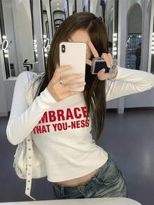 圆领长袖T恤American Hottie春秋新款字母印花女短款修身紧身衣 - 白色 - 查看 7