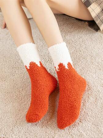 1Pair Big Kids Cozy Plain Solid Orange Color Warmly Soft Fuzzy Comfort Fluffy Anklet Crew Long Socks