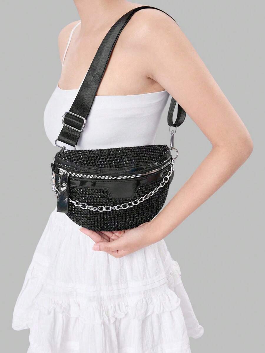 DareSee Czarna saszetka nerka z ćwiekami i łańcuszkiem, dekoracja na co dzień na MusicFest Y2KFest, powrót do szkoły, jesień, zima, prezenty Music Fest - Czarne - Zobacz 1
