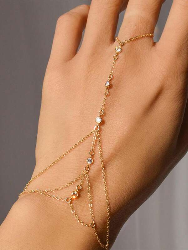 Gold Hand Chain Bracelet For Women , Gold Ring Bracelet Hand Chain Finger Ring Cuff Bracelet Cubic Zirconia Hand Jewelry For Women Summer Beach Jewelry Accessories For Women