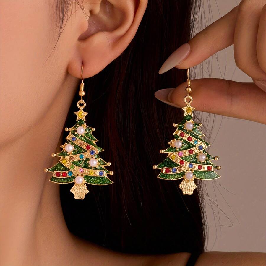 2 piezas Pendientes de árbol de Navidad lindos para mujeres, pendientes de estrella de Navidad de moda, regalo de joyería brillante para familiares y amigos