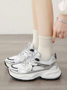 Women's Spring/Autumn New Sports Chunky Sneakers, Mesh Breathable Platform Low Vamp Wedge Heel Casual Shoes, Lightweight Versatile Fashion Casual Lace-Up White Gray Sneakers, White Blue - Silver - View 4