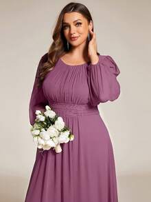 EVERPRETTY Plus Size Elegant Volang Chiffong Rund Hals Långärmad Lila Brudtärneklänning, Lämplig För Fest, Höst/Vinter Bröllopsgästkläder - Blåröd - Visa 6