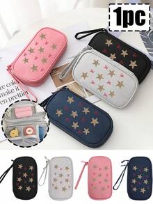 1 pièce Sac de rangement à fermeture éclair à simple couche avec un cordon, imprimé d'un motif d'étoile à cinq branches et d'un nœud rouge. Sac de rangement multifonctionnel, pour câbles de données, écouteurs, sac de rangement portable pour les voyages