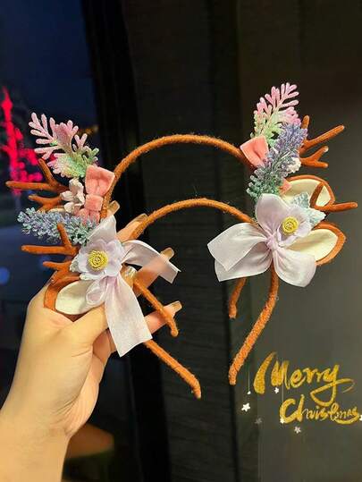 1 pieza Diadema con cuernos de Navidad para accesorios de cabello de niños, con forma de lazo, estilo tridimensional de bosque, diadema con cuernos para clip de cabello de niños, tocado festivo, accesorio de cabello para niños (solo tarjeta de papel para exhibición)