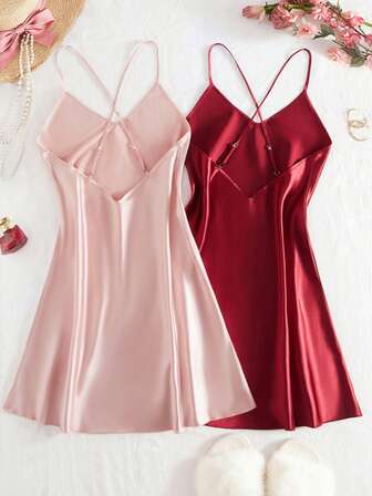 2件套新款女士性感内衣交叉后背可调节肩带露背V领连衣裙纯色宽松舒适缎面睡袍