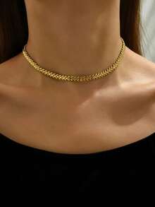 1pc Vintage Gold-Plated Stainless Steel Bean Sprout Style Necklace, Suitable For Daily Wear And Holiday Gifts For Friends - Yellow Gold - View 5