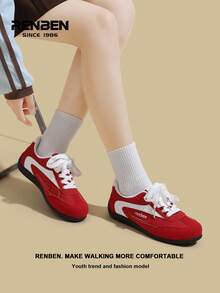 RENBEN 1 par de zapatillas de estilo retro con cordones y parches para mujer, con suela gruesa, casual, deportiva, de suela blanda, diseño de nicho de moda, adecuada para primavera/otoño