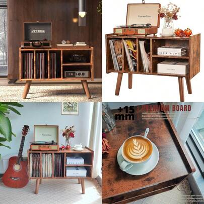 Support de platine vinyle avec rangement pour vinyles pouvant supporter jusqu'à 300 lb. Grande table de meuble de platine pour le stockage d'albums. Support de platine vinyle de style milieu de siècle en bois pour la chambre à coucher ou le salon, couleur marron