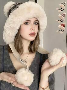 1 Set de 3 Accesorios con Pompones, Gorro de Punto Versátil para Mujer de Otoño/Invierno con Bufanda, Calientaorejas Lindo con Pompón, Gorro de Punto Grueso y Cálido para Atuendos de Otoño
