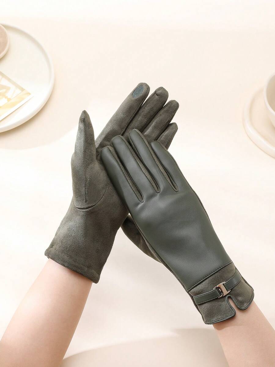 1 par de guantes elegantes y casuales para mujer de unicolor con remaches incrustados de PU (poliuretano), para deportes al aire libre casuales de otoño/invierno - Verde militar - Ver 1