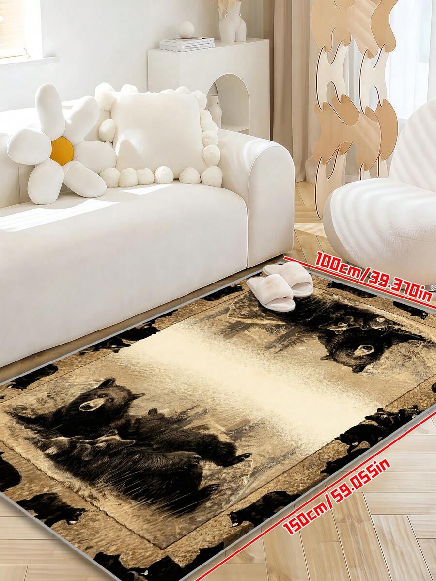 1 pièce Tapis vintage à motif d'ours noir, tapis à motif de forêt américaine, antidérapant, non pelucheux, lavable. Convient pour le salon, la chambre à coucher, la buanderie, la décoration d'intérieur