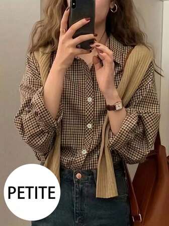 Women's Petite Plaid Drop Shoulder Long Sleeve Woven Shirt Collar Shirt With Button And Pocket Details, Suitable For Casual Wear