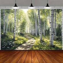 1 件聚酯纤维墙饰，带有桦树林壁画，具有阳光和茂盛绿叶的树冠，非常适合家居装饰、派对和活动、派对背景 - 桦树壁画
