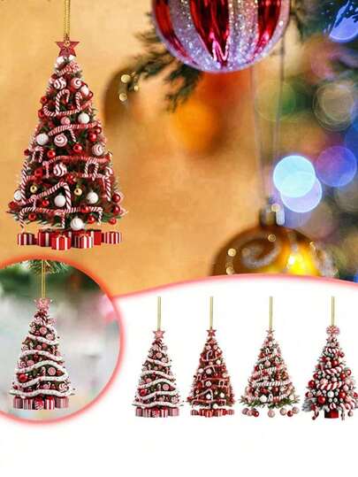 4 piezas Juego de adornos colgantes con forma de árbol de Navidad, Colgante de piruleta de bastón de caramelo de acrílico mini, Decoración de figurita mini de Navidad, Adecuado para decoración navideña interior del hogar, decoración de fiesta de Navidad, decoración de regalo DIY, decoración de habitación navideña, Suministros de decoración navideña perfectos
