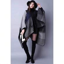 Women's Warm Shawl Wrap Cape Winter Cardigan Sweaters Open Front Poncho - A1-黑色 - 查看 4
