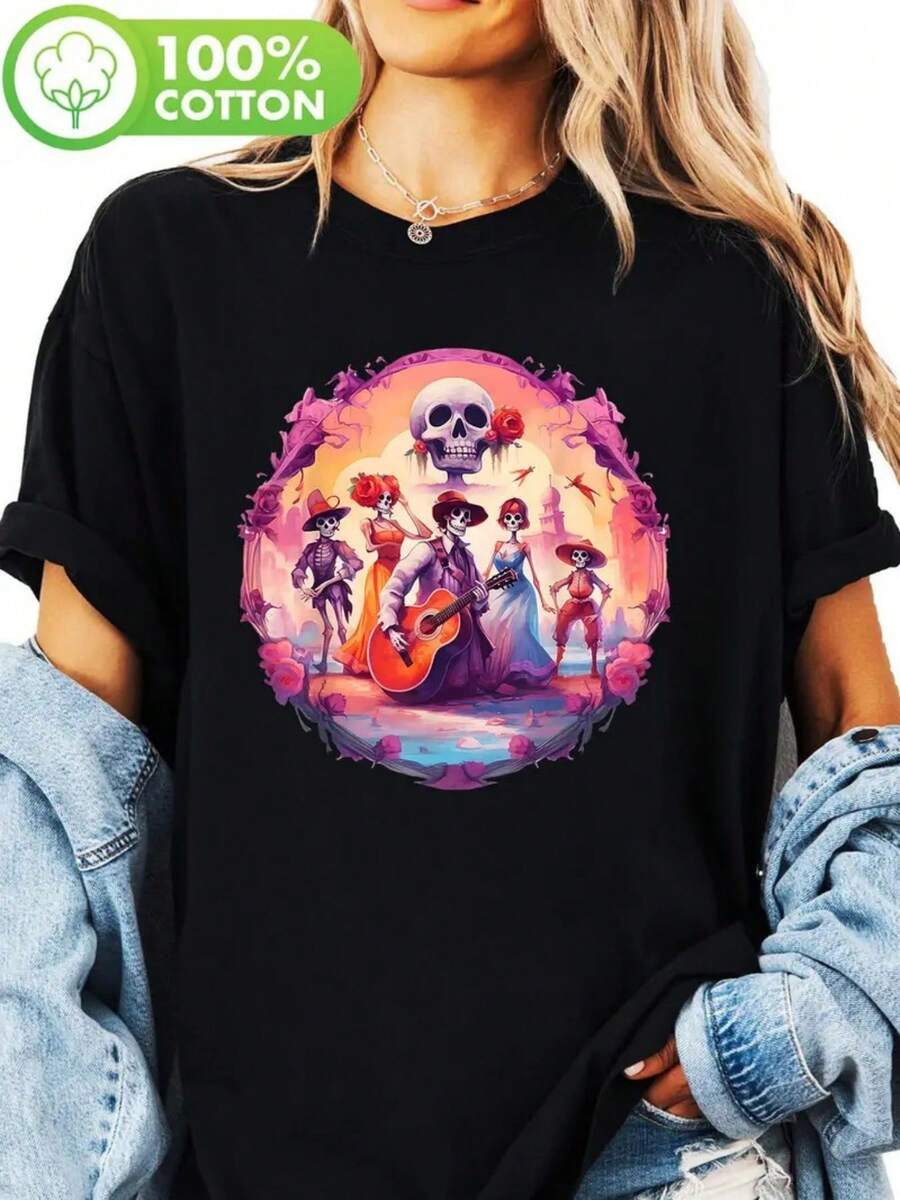 100% single-sided autumn and winter pure cotton T-shirt, with the strong arrival of the Day of the Dead, easy to breathe, absorb moisture and sweat, printed with guitar skull print, women's 180g pure cotton T-shirt, Mexican party clothing, cultural celebration clothing, festival skull design, comfortable fabric, festival clothing, soft material, cultural lovers - Negro - Ver 1