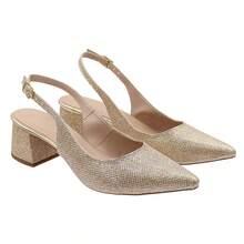 Open-Back Pumps, Women's Slingback, Low Thick Heel, Metallic Shine, Glitter, Wedding, Party, Christmas, Comfortable, Casual Fashion - 金色 - 查看 1