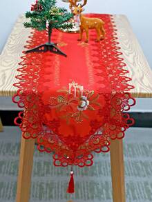 1 Peça Trilho de Mesa de Vela de Natal, Tecido de Cetim de Poliéster de Luxo Europeu, Renda Vermelha Bordada com Recorte Floral Vazado, Adequado para Sala de Estar, Quarto, Mesa de Jantar, Gabinete de TV, Aparador, Cômoda, etc. - Multicolorido - Visão 6