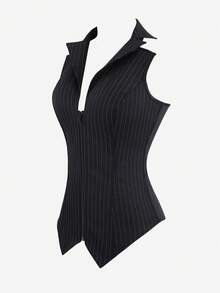 Áo corset, áo crop top kẻ sọc có cổ yếm, khóa kéo phía trước, thân áo corset phong cách cổ điển dành cho nữ, thích hợp biểu diễn trên sân khấu, Halloween - màu đen - Xem 2