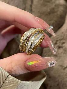 5pcs Fashion Cubic Zirconia Open Copper Rings Set, Suitable For Women's Wedding, Party, Holiday Gift (Gift Box Not Included) - Yellow Gold - View 5